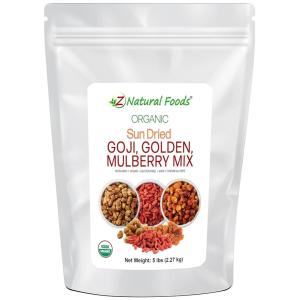 Sun Dried Organic 3 Berry Mix – Goji Berries, Golden Berry White Mulberry – Unsweetened No Sugar Added – Three Delicious Exotic Superfoods For Snacks Recipes – Raw Gluten Free – Bulk 5 lb Size(5 lb)
